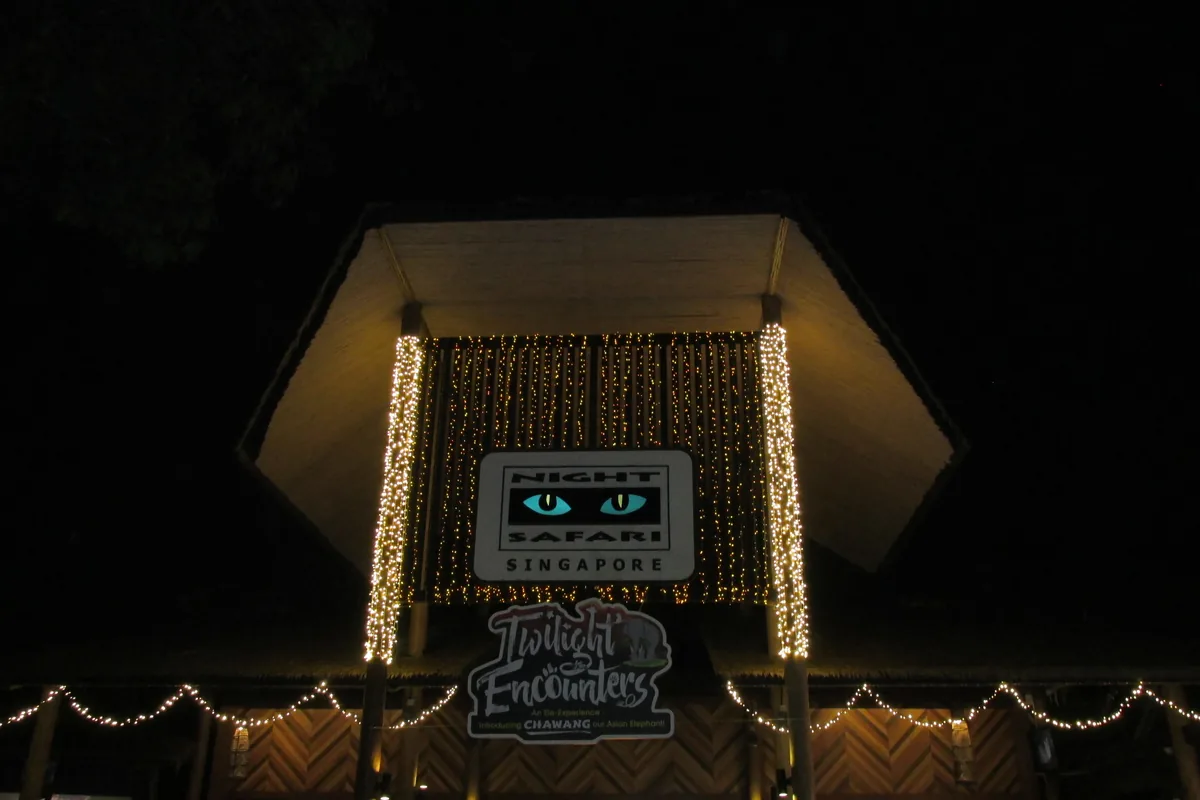 O pavilhão de entrada do Night Safari em Singapura depois do anoitecer, com um telhado iluminado, fios de luzes e uma placa azul por cima da entrada